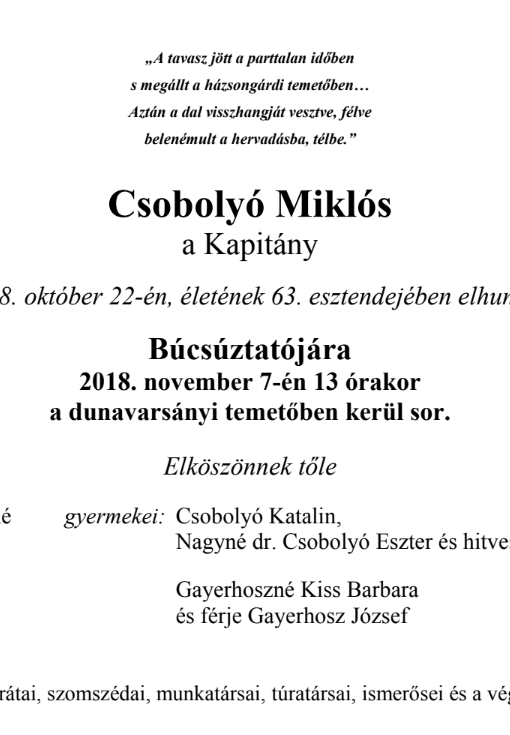 Gyászjelentés Csobolyó Miklós